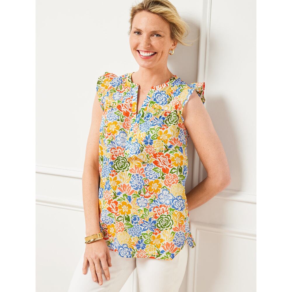 Talbots Women's Blossom Garden Shell Top White Multi Floral Print Cotton Size XL